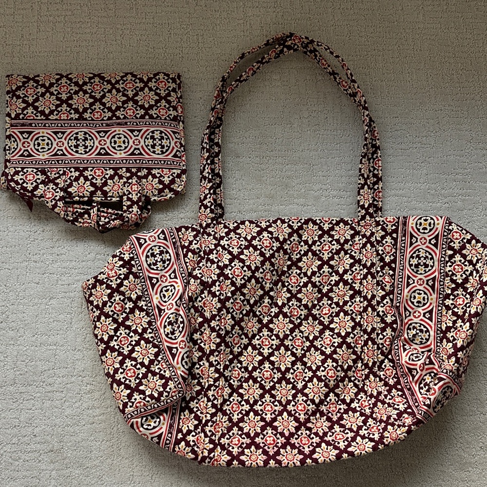 Vera Bradley Burgundy Medallion Travel Duffle and Makeup Travel Case Set